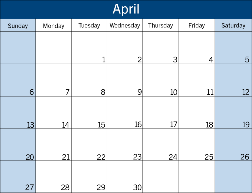 Calendar view for the month of April 2025