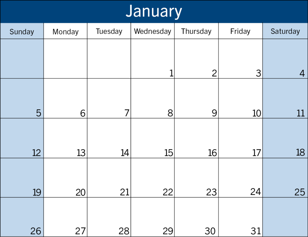 Calendar View of January 2025