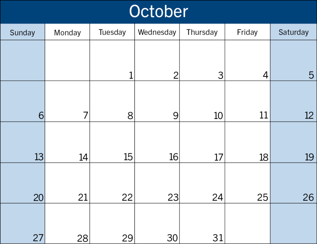 Calendar view of October 2024